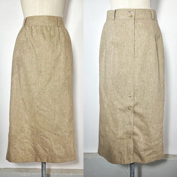 VINTAGE ESCADA BEIGE WOOL MAXI SKIRT BUTTON BACK SLIT 40 US 10 MEDIUM - Picture 1 of 5